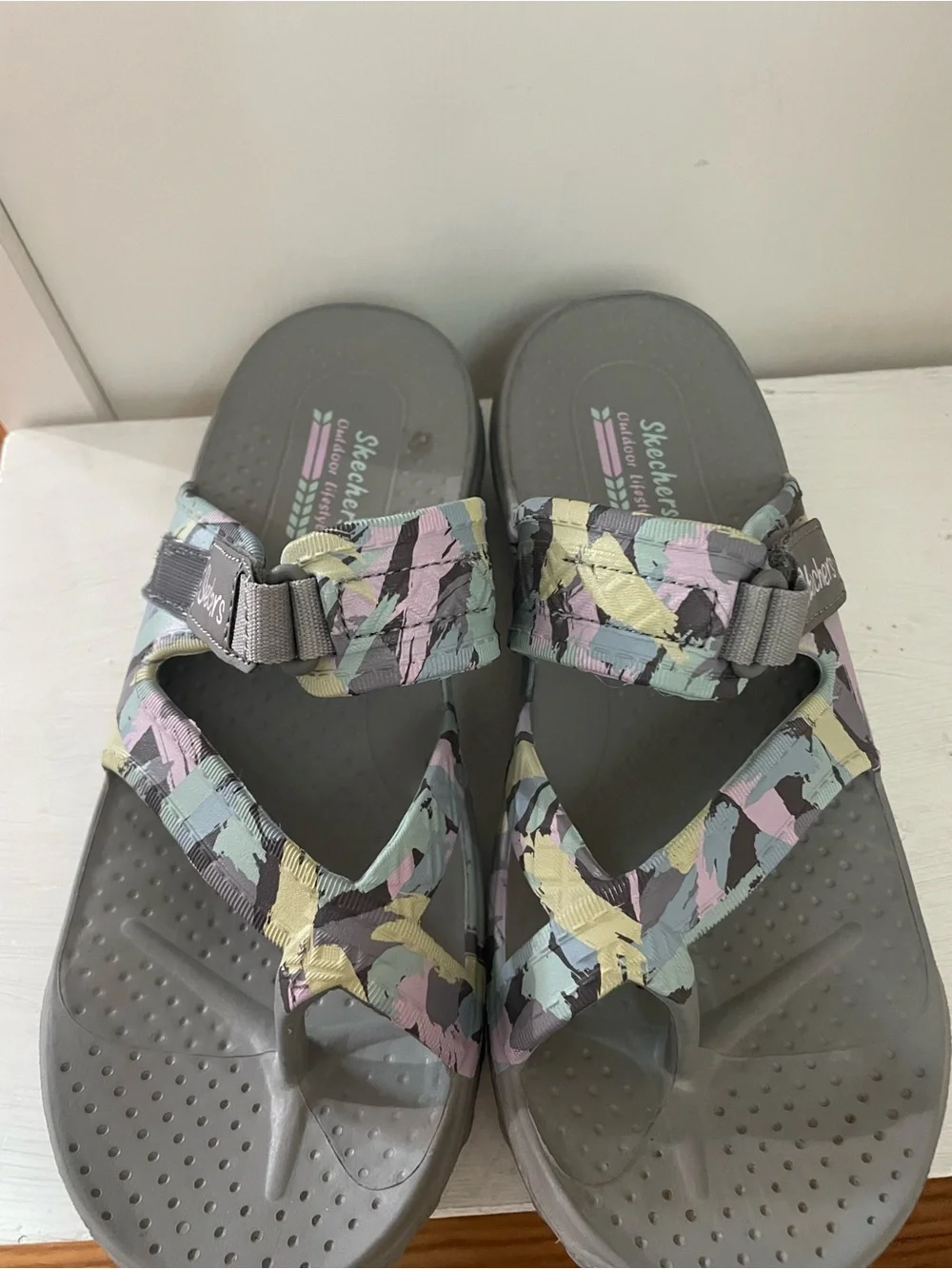 Skechers Gray Sandals with Pastel Multi-Color Straps